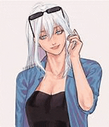 a woman with white hair and sunglasses is wearing a blue shirt and a black top .