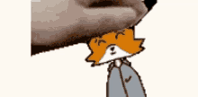 a cartoon of a fox wearing a suit and tie is being held by a dog 's paw .