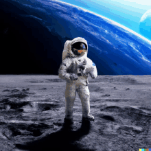 an astronaut is standing on the moon in front of a blue planet