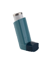 a blue inhaler with a black base and a silver cap