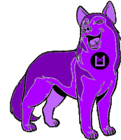 a cartoon drawing of a purple dog with a black circle around its chest with the letter d on it