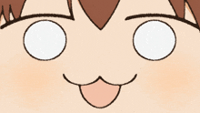 a close up of a cartoon face with white eyes and a tongue sticking out