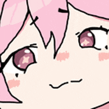 a close up of a cartoon girl 's face with pink hair and big eyes .