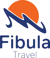 a logo for fibula travel shows a wave and a sun