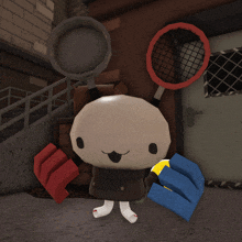 a cartoon character is standing in front of a brick wall with a frying pan in the background