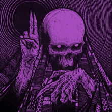 a purple and black drawing of a skeleton with a purple background