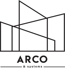 a logo for arco & systems shows a building