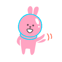 a pink bunny with a blue circle around its head is waving