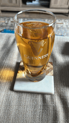 a guinness glass sits on a coaster on a table