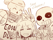 a drawing of two skeletons and a girl with the words say cheese written below them