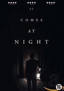 a movie poster for it comes at night shows a man standing in a dark hallway