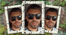 three pictures of a man wearing sunglasses are displayed on a brick wall