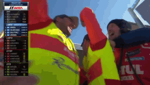 a man in a yellow vest is giving another man a high five in front of a screen that says rally 24 checked