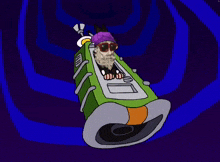 a man in a purple hat and sunglasses is sitting in a green spaceship