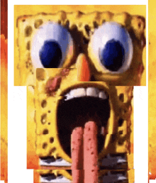 a close up of spongebob with his tongue hanging out