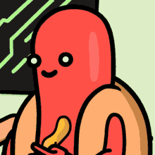 a cartoon drawing of a hot dog with a yellow toothpick sticking out of it 's mouth