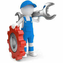 a 3d man in blue overalls is holding a wrench and a gear .