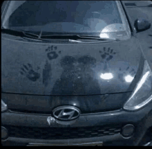 a dirty car with a reflection of a person 's handprints on the hood .