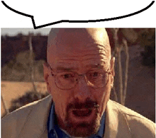 a bald man with glasses and a beard is making a funny face with a speech bubble .