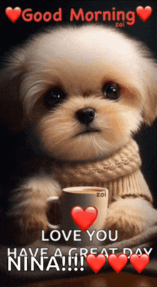 a picture of a puppy holding a cup of coffee with the words good morning love you nina