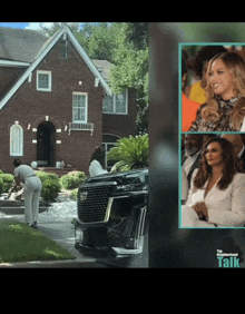 a black cadillac is parked in front of a house