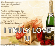 a happy anniversary card with a bottle of champagne and red roses