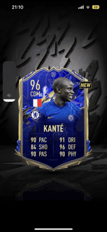 a screenshot of kante in a soccer card game