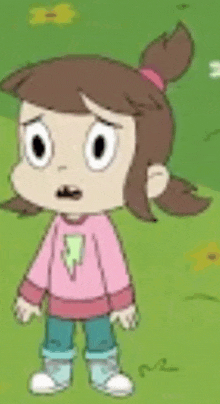 a cartoon girl is standing in the grass wearing a pink sweater and blue jeans .