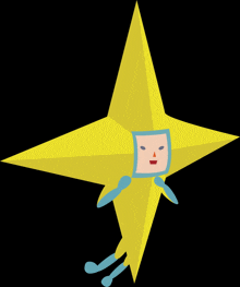 a cartoon drawing of a yellow star with a face and blue legs