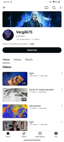 a screenshot of vergil675 's youtube channel on a smartphone