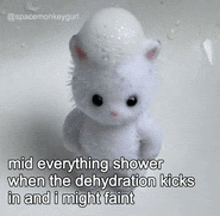 a white stuffed animal is sitting in a bathtub with a bubble on its head .