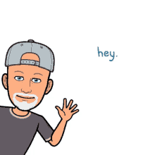 a cartoon of a man with a beard wearing a hat and waving says hey