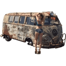 a woman in a bikini is standing in front of an old rusty van .