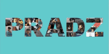 a blue background with the word pradz written in a collage of pictures