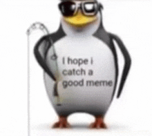 a penguin wearing sunglasses and a cane says i hope i catch a good meme .