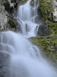 a waterfall is surrounded by mossy rocks and a lush green forest