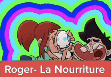 a cartoon of a man and a woman with the words roger-la nourriture below them