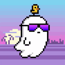 a pixel art illustration of a ghost wearing sunglasses and a duck on its head