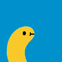 a cartoon drawing of a yellow duck with a blue sky in the background