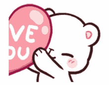 a cartoon bear is holding a pink heart that says love you .