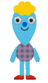 a blue cartoon character with a yellow hair and a blue nose .