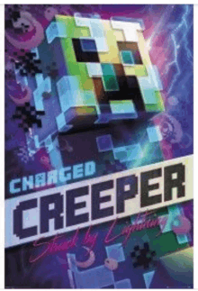 a poster for charged creeper shows a creeper on a purple background