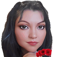 a close up of a woman 's face with two red roses in the background