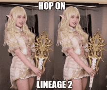 a woman in a costume with the words hop on lineage 2 on the bottom