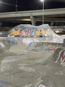 a skate park with graffiti on the walls and a ramp that says ' ecno ' on it