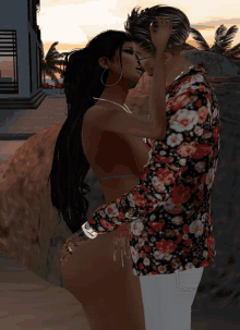 a man in a floral shirt and a woman in a bikini are hugging