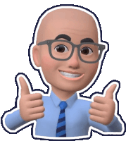 a cartoon man wearing glasses and a blue shirt is giving a thumbs up