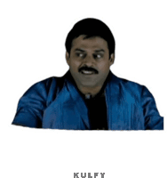 a man with a mustache is wearing a blue jacket and making a funny face .