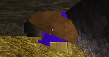 a computer screen shows a purple object and a brown object in a cave