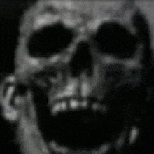 a black and white photo of a skeleton with its mouth open .